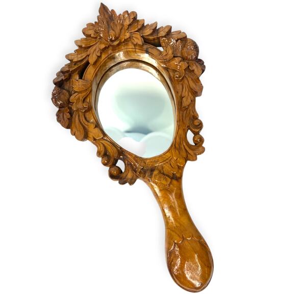 Vintage Ornate Artisan Both Sides Carved Wood Handmaid Mirror Handheld Vanity